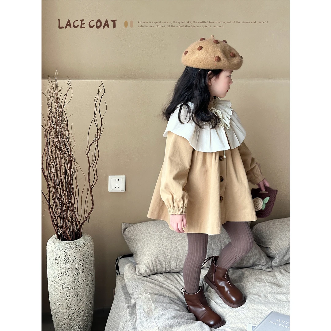 【秋意】BLUEPAPA女童风衣外套2024秋季新款儿童可爱花边领翻领上衣