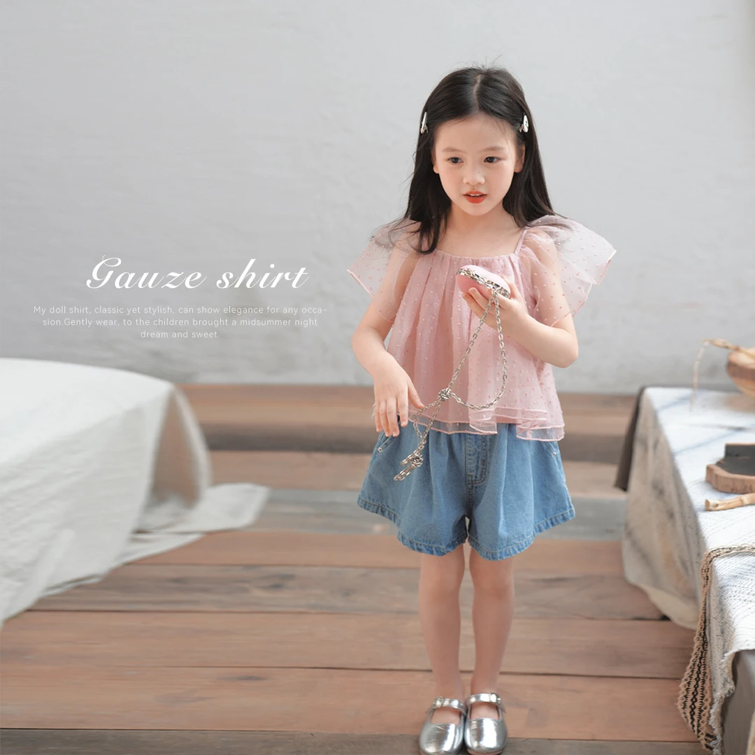 【紫烟】蓝小爸女童娃娃衫2024夏季新款儿童蓬蓬网纱甜美小飞袖上衣