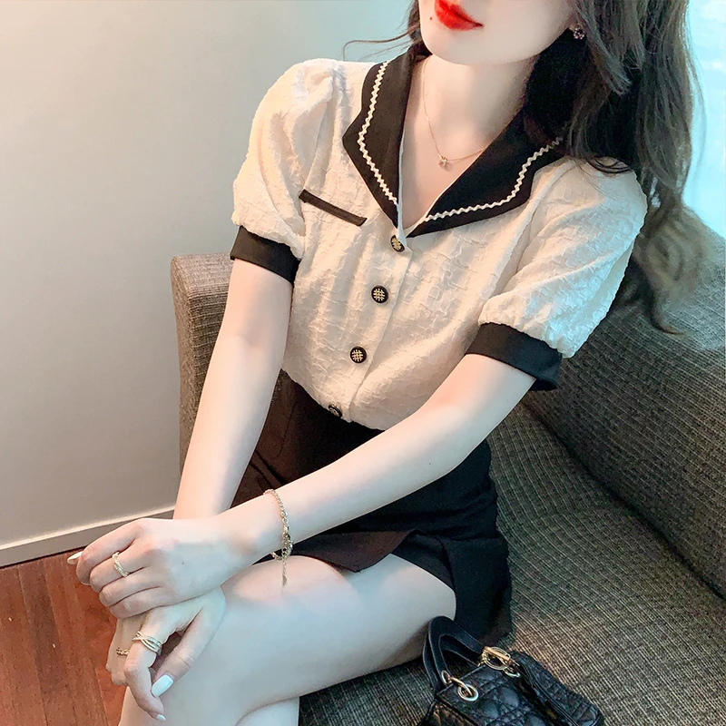 YX6020撞色翻领短袖小衫女夏季2024新款泡泡袖小衫