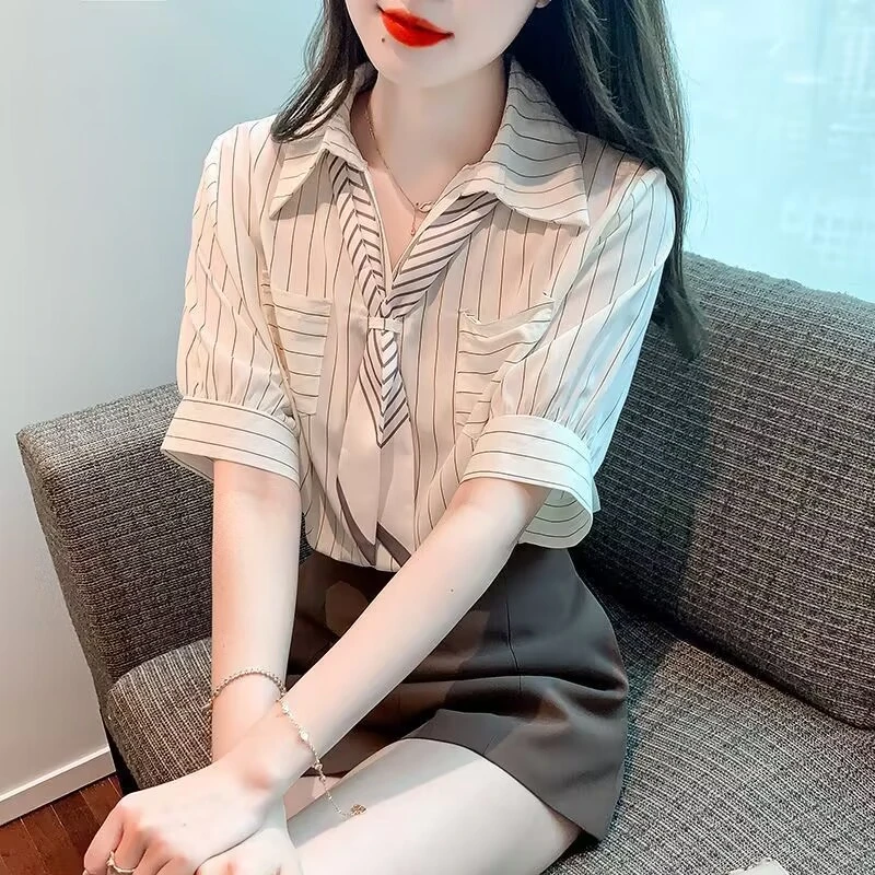 Y1914条纹衬衫女夏季新款短袖领结气质宽松时尚上衣