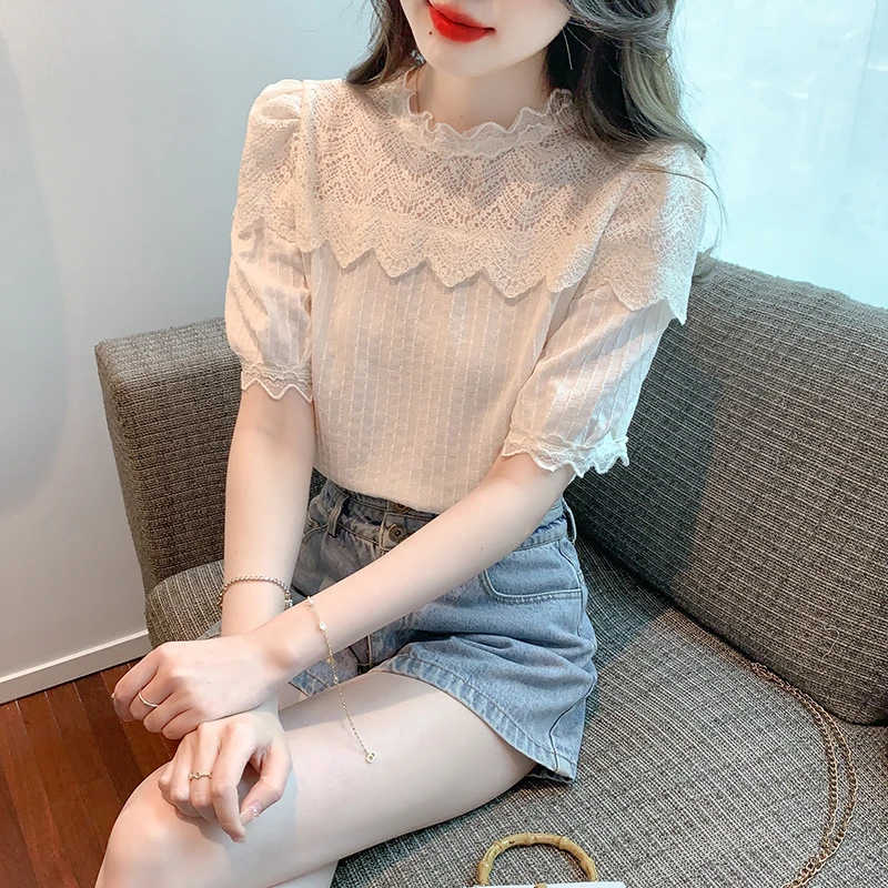 Y016小众短袖上衣女夏季蕾丝花边拼接小衫高级感小衬衫