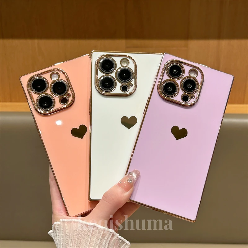 方形电镀爱心适用iphone14promax手机壳苹果13女全包直边14软胶12