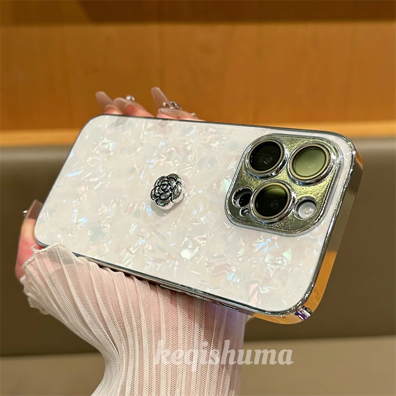 电镀贝母苹果15手机壳iPhone15promax个性创意苹果14/13/12山茶花