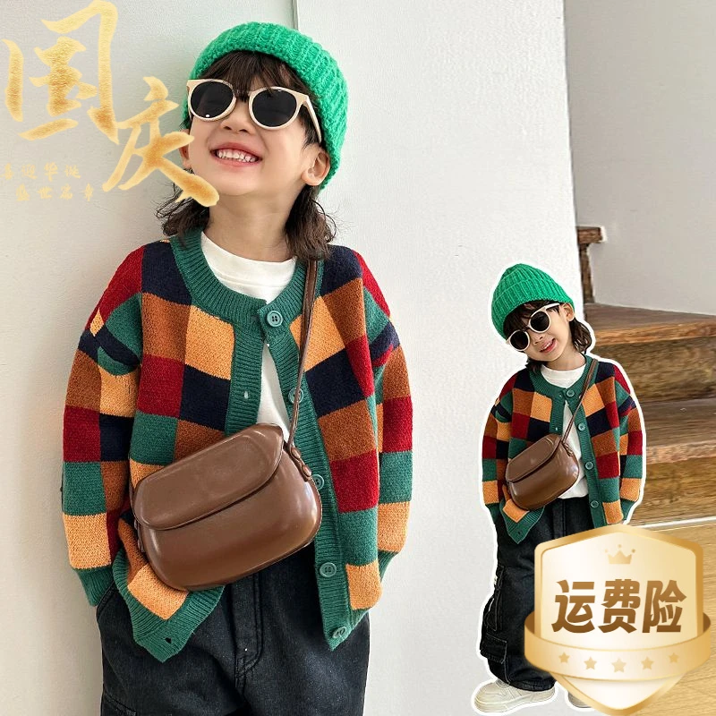 【万达撤柜】男童开衫毛衣春秋新款宝宝秋装针织衫外套儿童格子上衣
