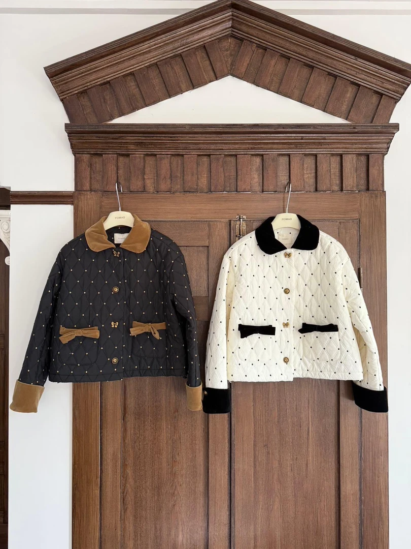 76179 法式小众设计感撞色方领波点夹棉温柔蝴蝶结宽松显瘦外套