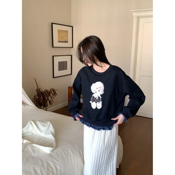 【赵小小yimao】76589 假两件圆领植绒刺绣可爱小狗宽松长袖卫衣