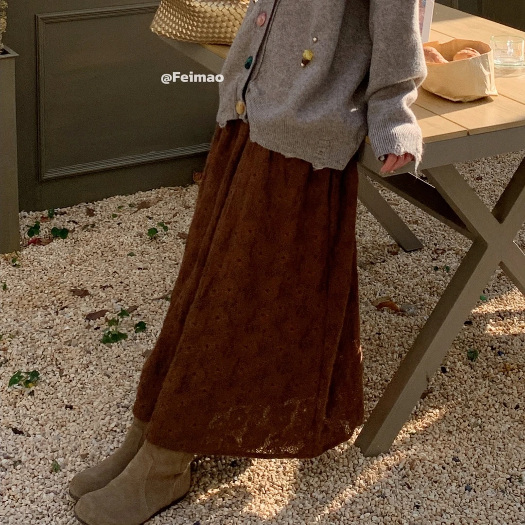 【赵小小yimao】76236 法式温柔甜美钩花蕾丝减龄显瘦拼接A字半身裙