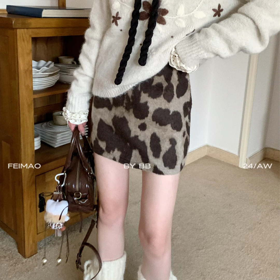 【赵小小yimao】C-7076 秋冬复古气质豹纹显瘦高腰小众毛呢半身裙