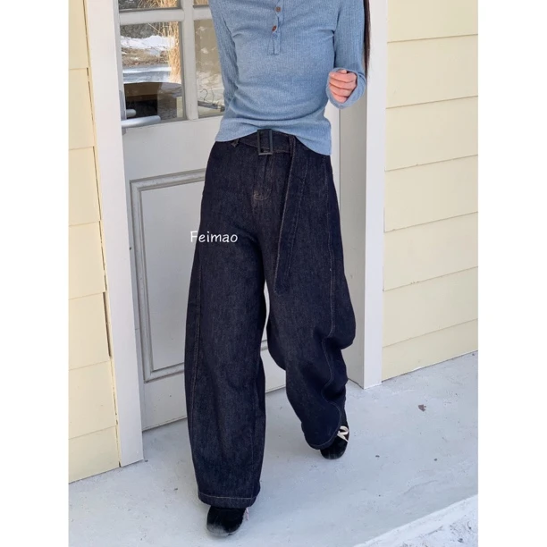 【赵小小yimao】X-9574 遮肉气质复古牛仔裤宽松垂高级感弯刀长裤