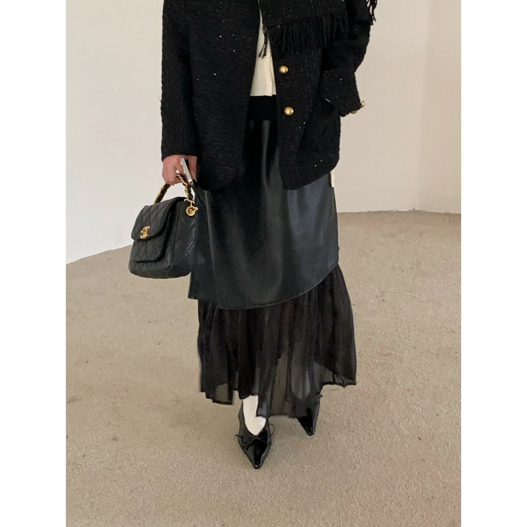 【赵小小yimao】75727 老钱风极简大牌质感柔软pu皮下摆拼接半身裙