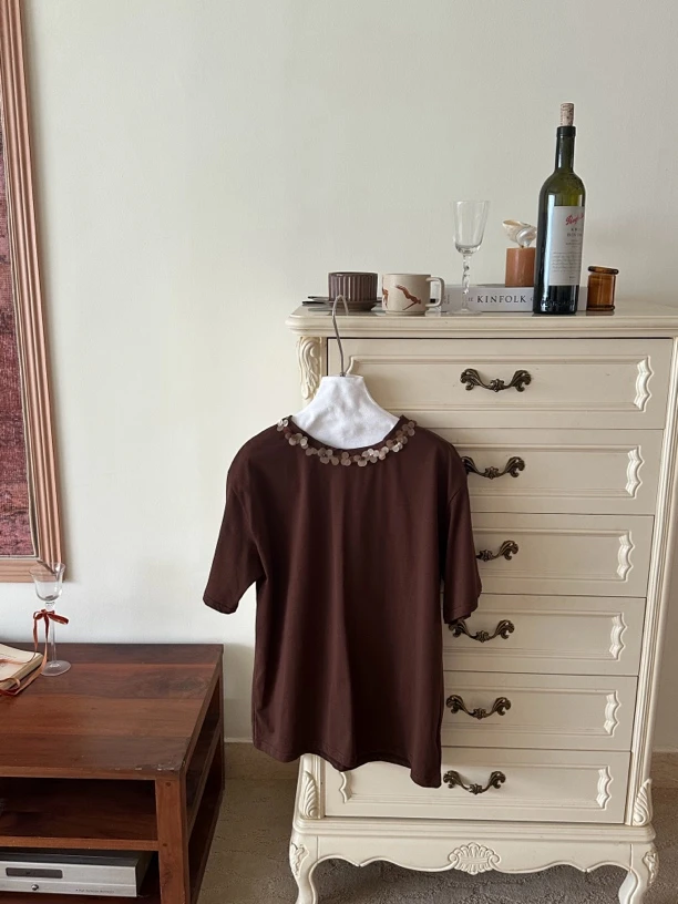 【赵小小yimao】75220 秋季新款法式复古珠片长袖T恤上衣