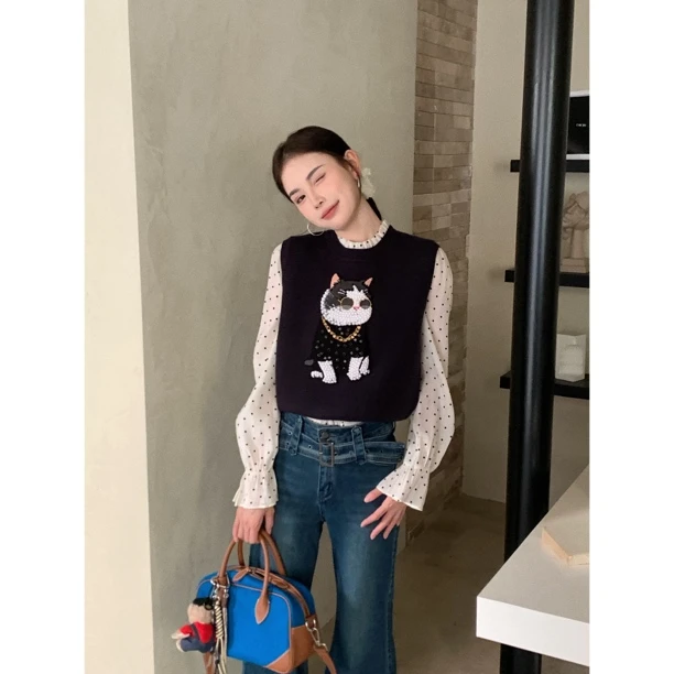【赵小小yimao】6200 慵懒风猫咪刺绣设计坎肩针织叠穿百搭背心马甲