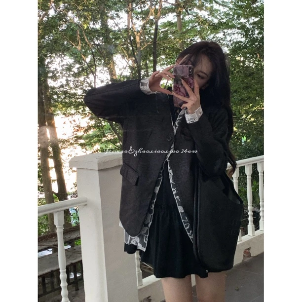 【赵小小yimao】75216 秋季新款v领拼接蕾丝假两件气质宽松外套女