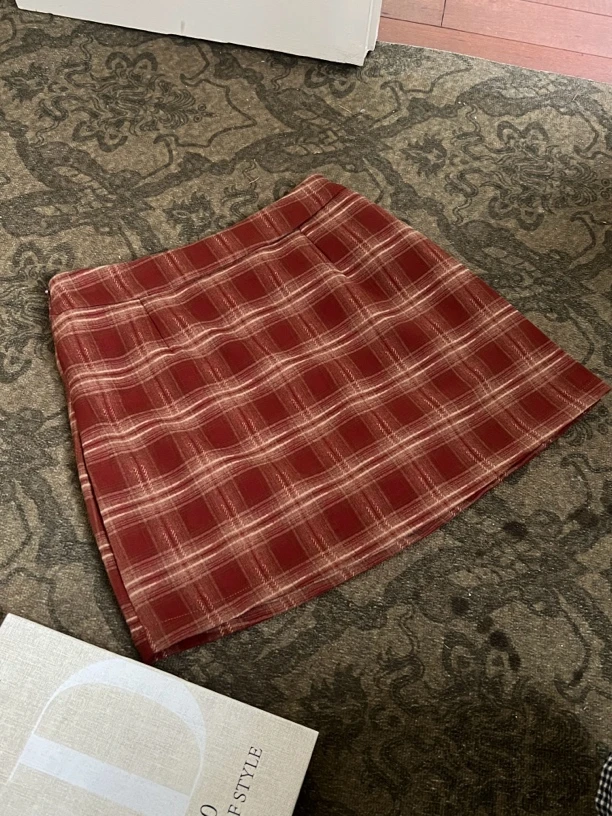 【赵小小yimao】75336 复古格纹小个子高腰a字英伦风格子包臀半身裙