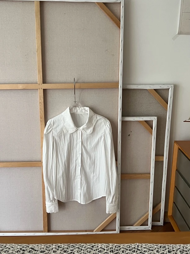 【赵小小yimao】75368 温柔风白色蕾丝翻领长袖衬衫法式显瘦上衣