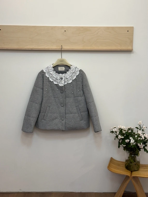 【赵小小yimao】76366 秋冬季设计感韩系千金风灰色棉服含羊毛外套