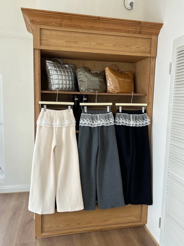 【赵小小yimao】76551 韩版松紧腰抽绳蕾丝花边拼接宽松加绒休闲裤