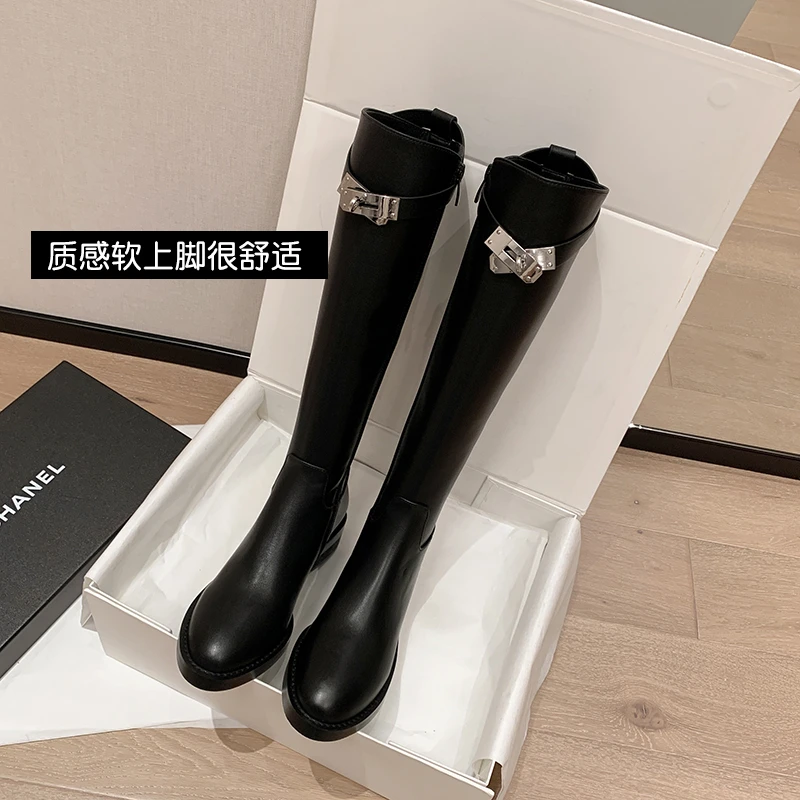 胖mm粗腿靴大筒围加肥长靴真皮冬季大码41一43女鞋平底加宽筒单靴