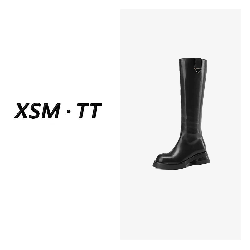 时尚百搭圆头冬季长筒靴气质粗跟长靴秋冬厚底高筒靴XM8076黑色AS