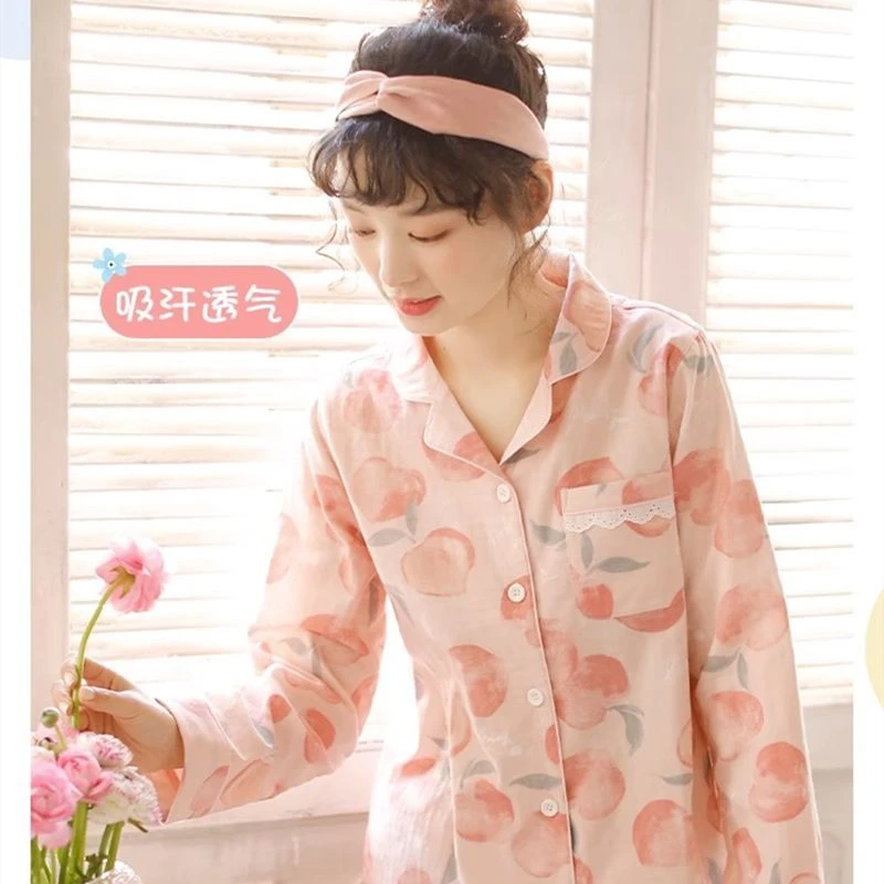 100%纯棉睡衣女春秋季大码长袖外穿韩版可爱全棉家居服长裤套装