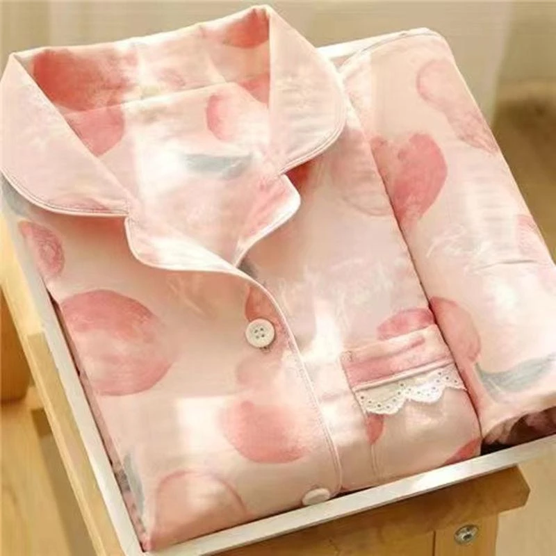 100%睡衣女套装春秋季甜美水蜜桃翻领薄款学生大码可外穿家居服