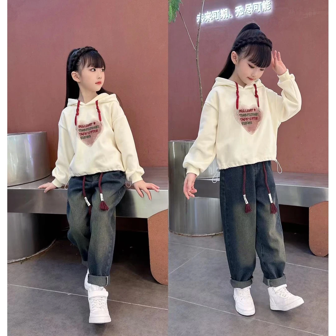 韩版秋冬潮宽松百搭爱心加厚卫衣复古牛仔裤亲子洋气时髦