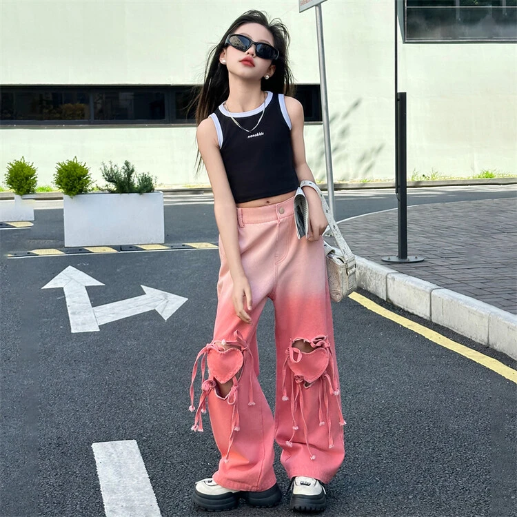 裤子潮流夏季镂空爱心裤渐变薄款纯色背心套装女童中大童