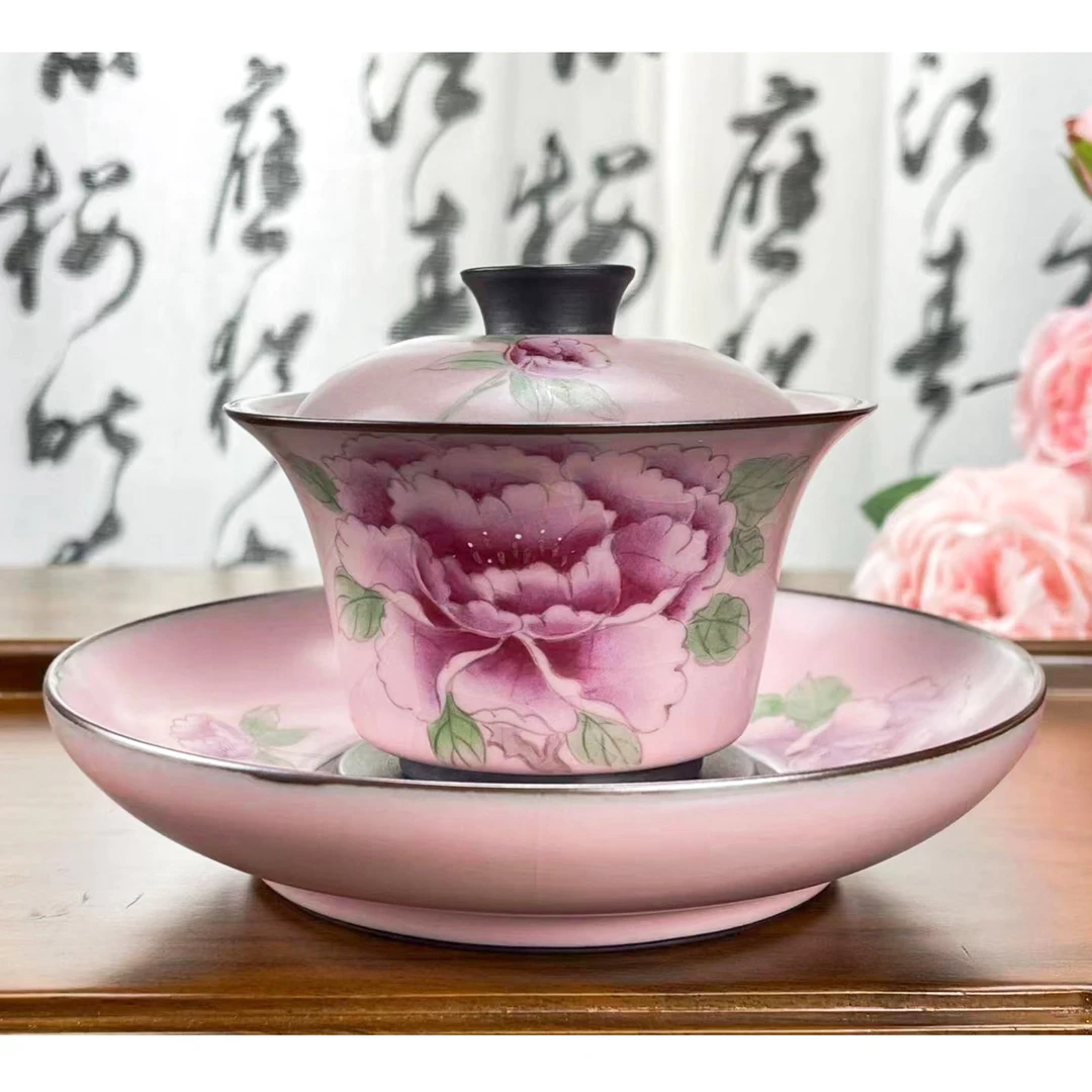 牡丹盖碗汝窑手绘汝瓷粉色女士茶杯茶具高端茶具牡丹花三才盖碗