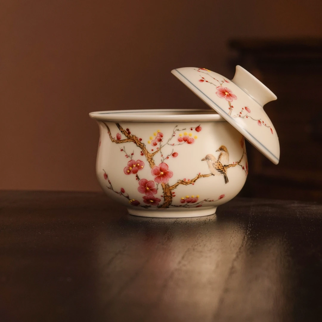 喜上眉梢盖碗-纯手工手绘梅花喜鹊登枝二才盖碗