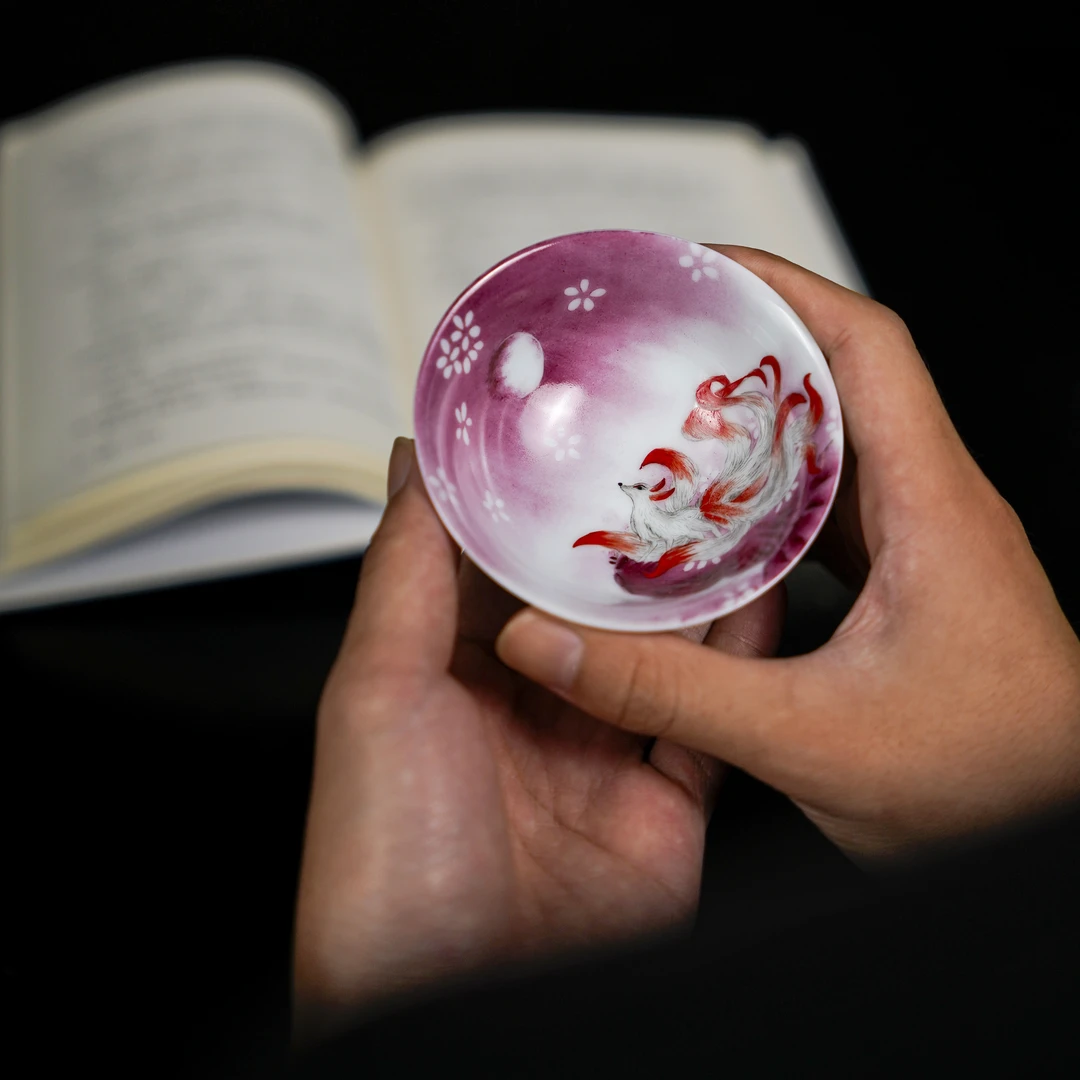 天辉窑九尾望月茶碗景德镇纯手绘纯手工精美胭脂红创意陶瓷矾红
