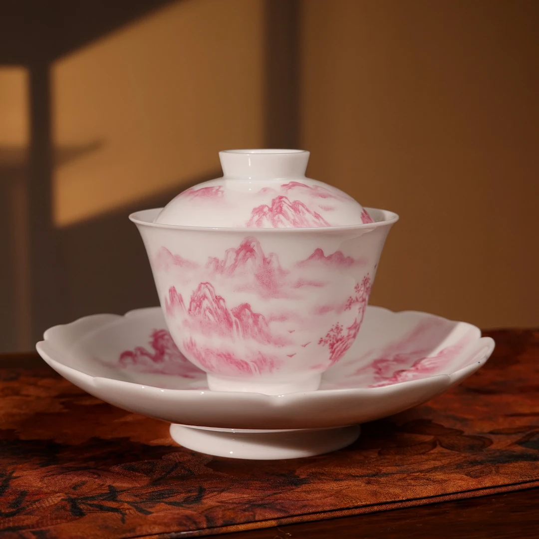 宝石红山水盖碗-纯手工手绘陶瓷茶具三才盖碗