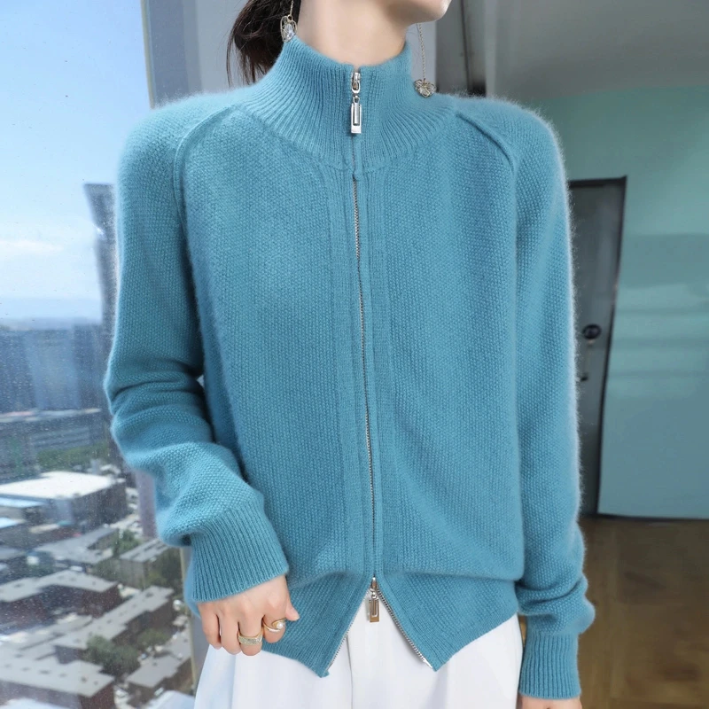 加厚立领双拉链针织开衫秋冬新款百搭打底衫女上衣外套慵懒风3994