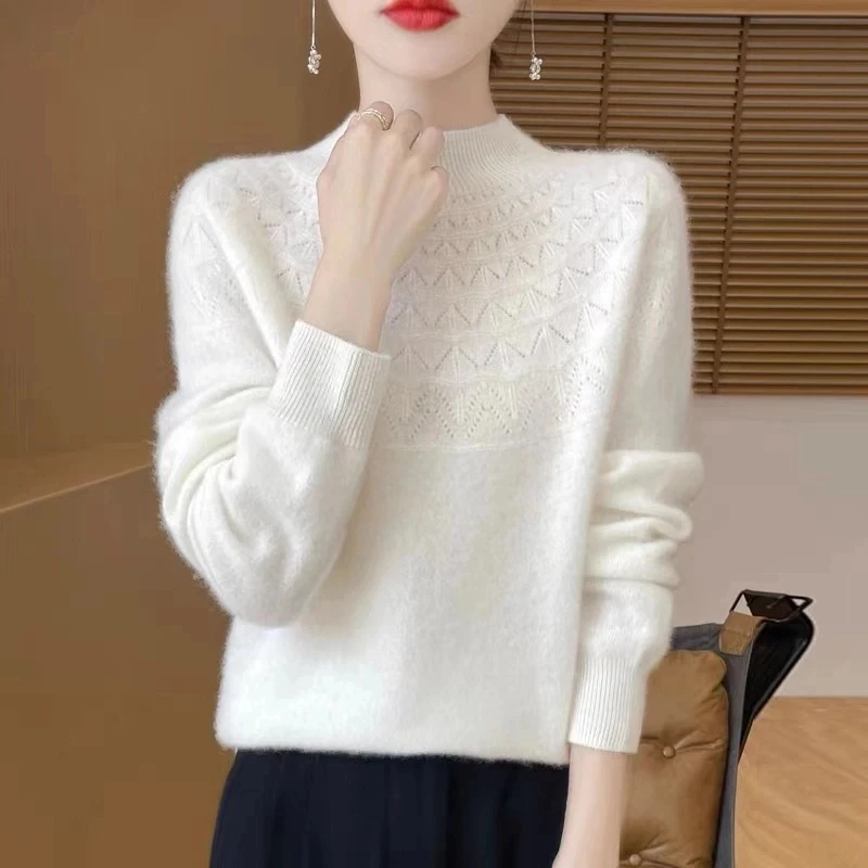 100%羊毛衫一线成衣女半高领重工镂空针织打底衫显瘦百搭上衣199