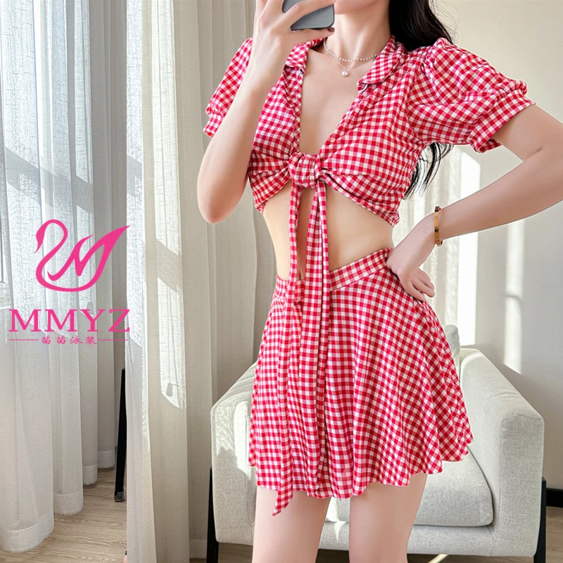 【格子控】分体游泳衣女温泉保守显瘦遮肚套装小清新学生时尚泳装