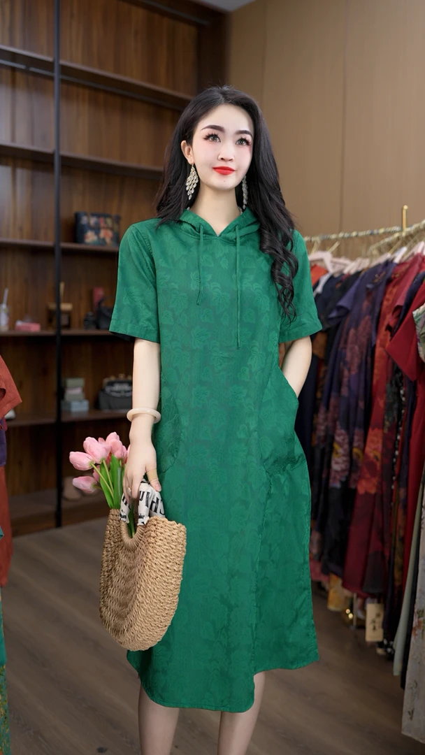 7686-10翡翠琉璃绿葡萄叶单层双面穿连衣裙