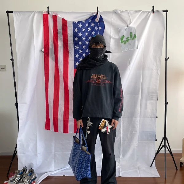 VULCAN火焰复古华夫格长袖T恤男早秋新款圆领做旧字母印花上衣