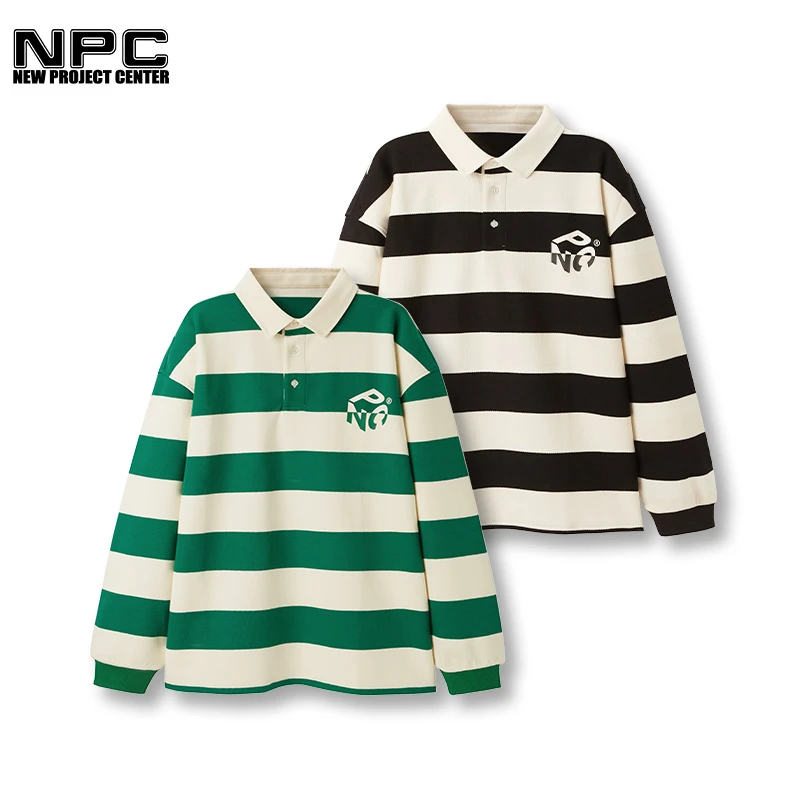 NPC潮牌李晨nic同款左胸NPC印花条纹长袖POLO衫男女同款NP27TL06