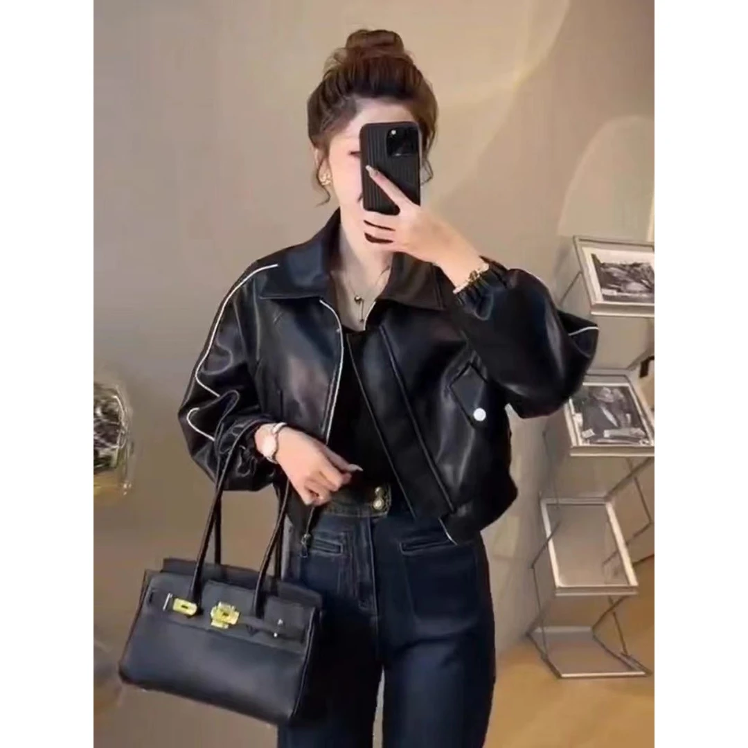 短款小个子水洗皮衣女新款百搭洋气宽松外穿棒球外套机车服夹克潮