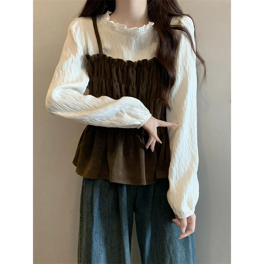 大码法式灯芯绒拼接假两件衬衫女春季胖mm褶皱显瘦荷叶边长袖上衣