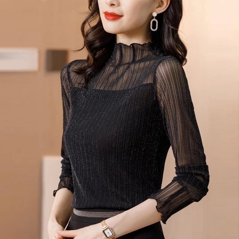 春秋冬2025年新款女上衣网纱内搭时尚小衫洋气时髦加绒蕾丝打底衫