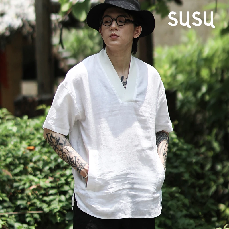 日系亚麻短袖t恤男潮流v领夏季沙滩上衣情侣薄款宽松个性休闲度假
