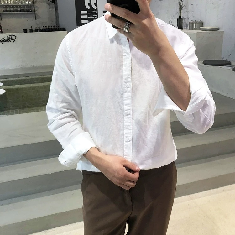 春夏季男士休闲亚麻衬衫长袖方领棉麻打底潮修身上衣青年白色衬衣