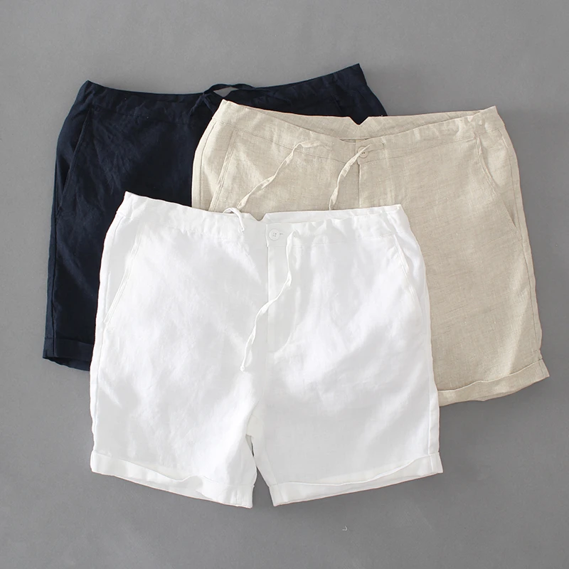日系复古夏季薄款男士休闲短裤全亚麻直筒宽松中腰青年无弹休闲裤