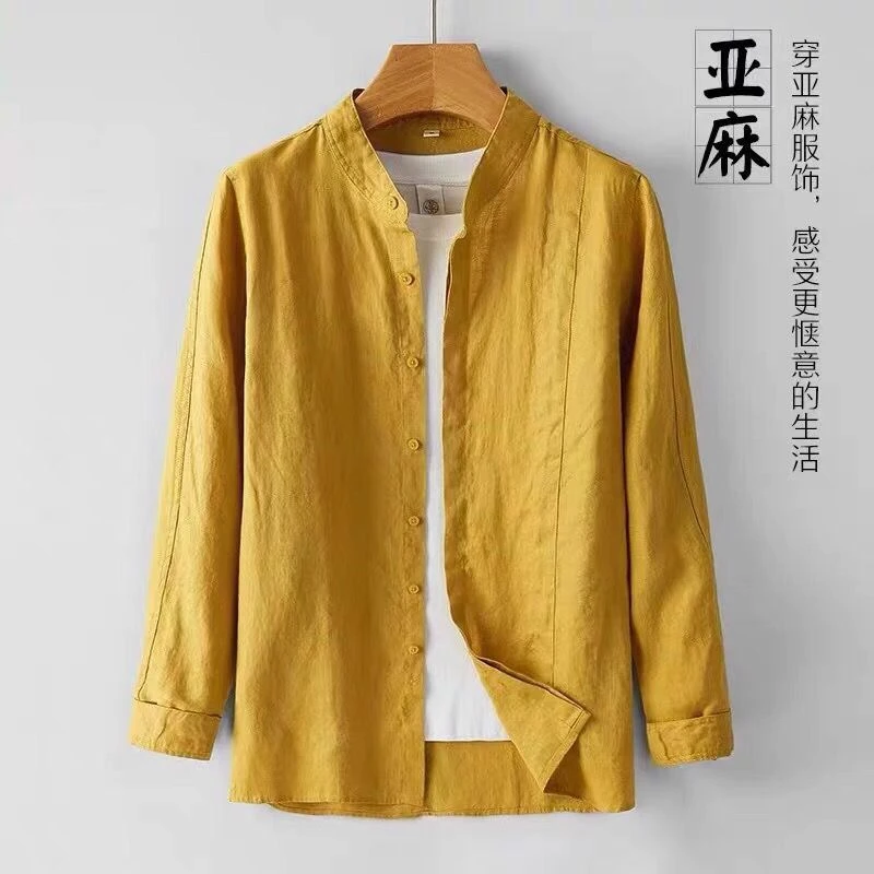 春秋季立领男士亚麻衬衫长袖宽松休闲棉麻上衣薄款纯麻料衬衣大码