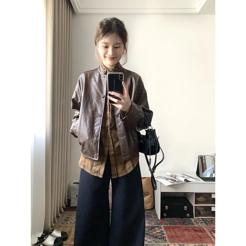 棕色pu皮衣外套女2024秋季新款气质慵懒风美拉德皮夹克两件套上衣