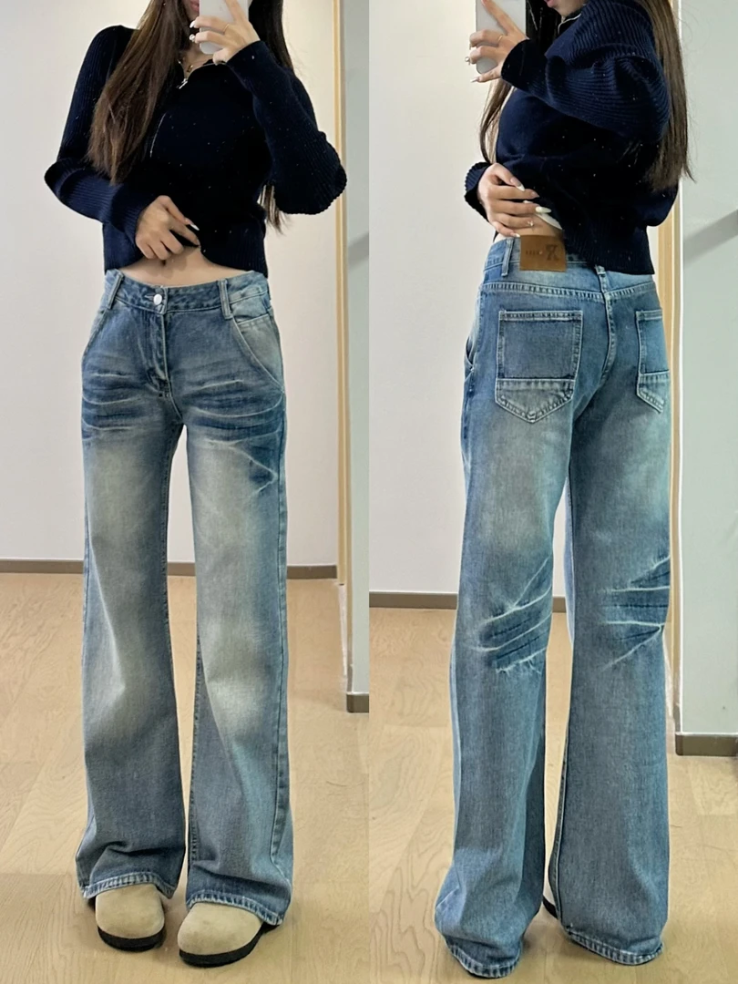 复古蓝微喇叭女秋季牛仔新款低腰宽松小个子高个子拖地裤子牛仔裤