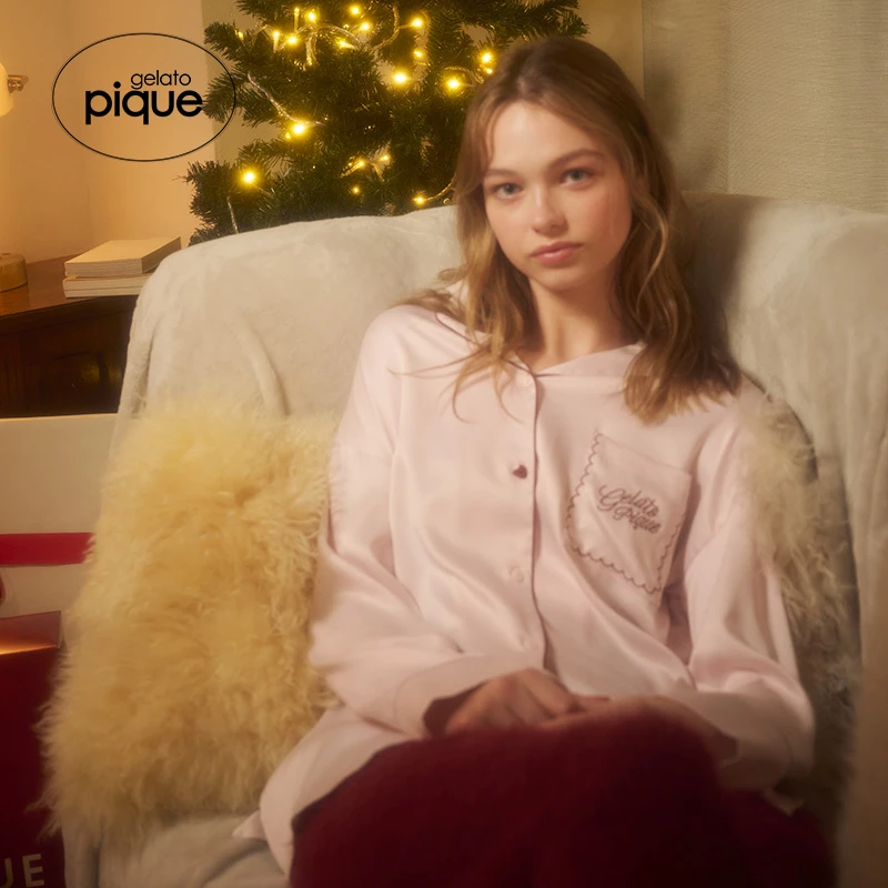 gelatopique24秋冬新品女睡衣本命年包边缎面长袖衬衫PWFT245279