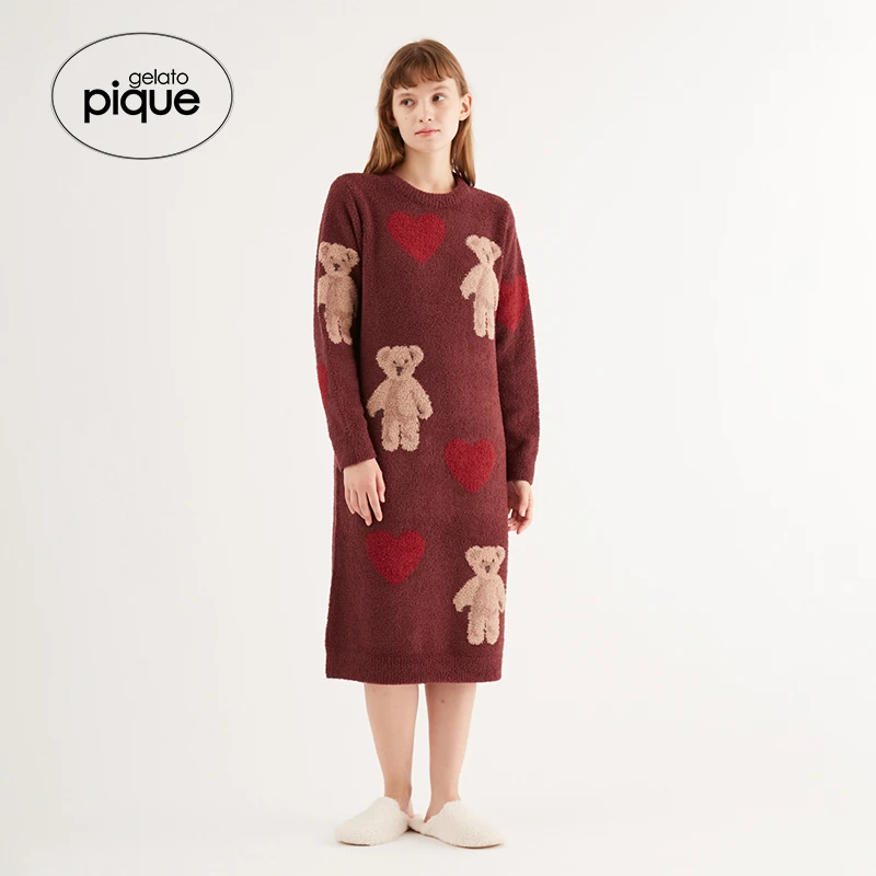 gelato pique22冬新品女睡裙小熊半边绒本命年红连衣裙PWNO225089