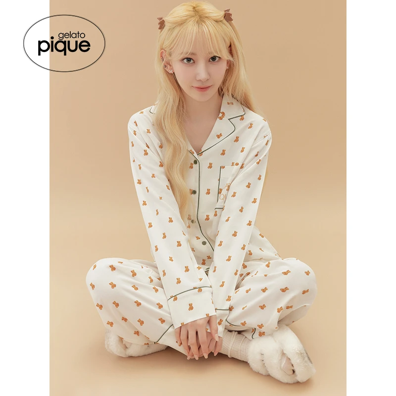 【女团同款】春夏女睡裤小熊樱桃荷叶边条纹长裤PWFP244287