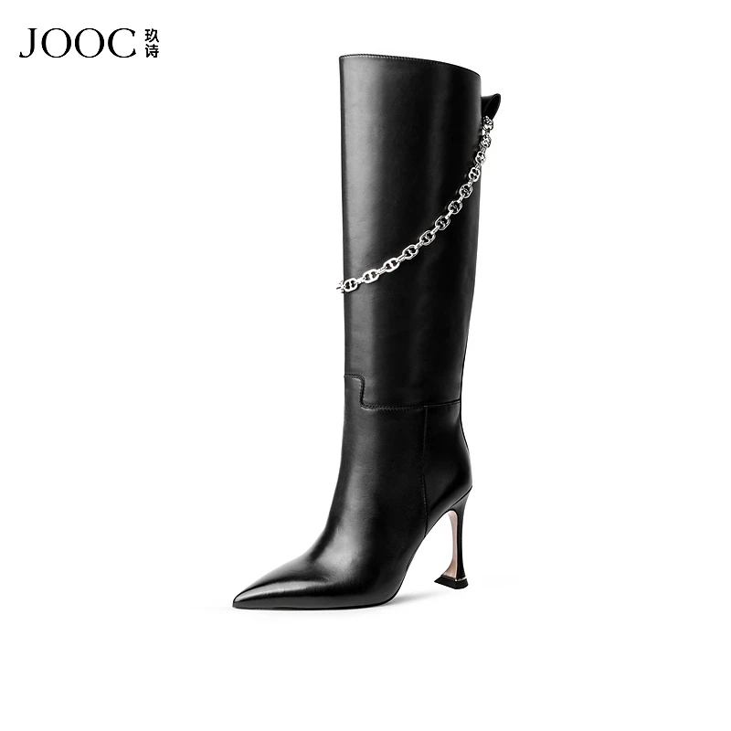 JOOC玖诗冬季尖头高跟长靴时尚女士粗跟真皮骑士靴长筒5551